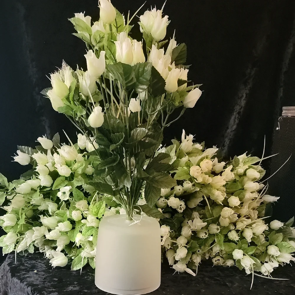 1 Dozen White Rose Buds  W/ Green Faux Floral Accent Arrangement